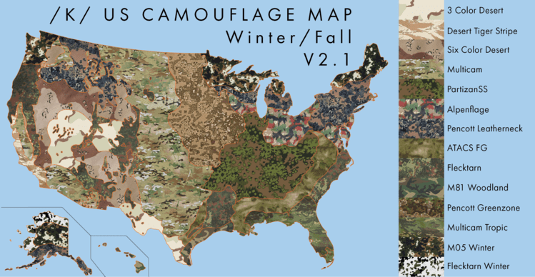 Map of camo patterns for the US in winter/fall